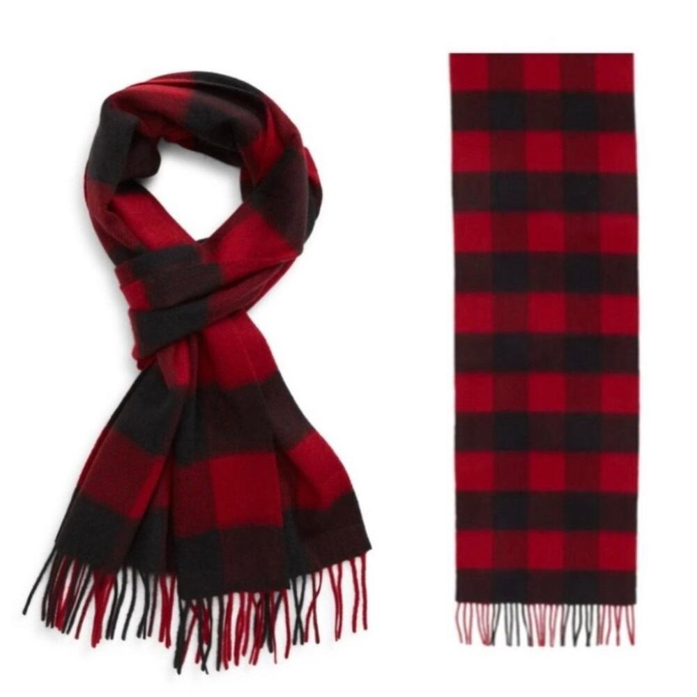 Nordstrom Red Rio Black Buff Check Buffalo Plaid 100% Cashmere Fringe Scarf Nwt